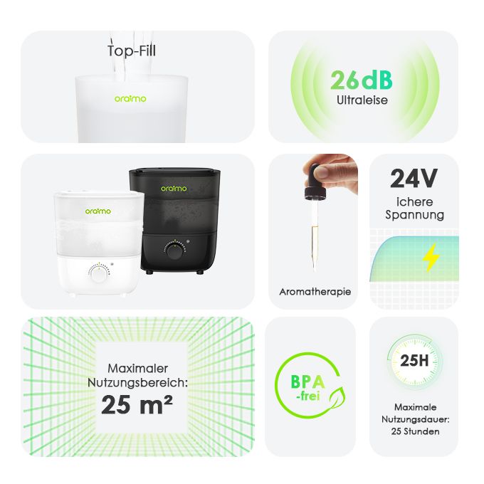 Oraimo Humidifiers Top Fill 26dB Quiet Essential Oil Diffuser with Nightlight BPA-Free 2.5L Capacity Humidifier - Image 3